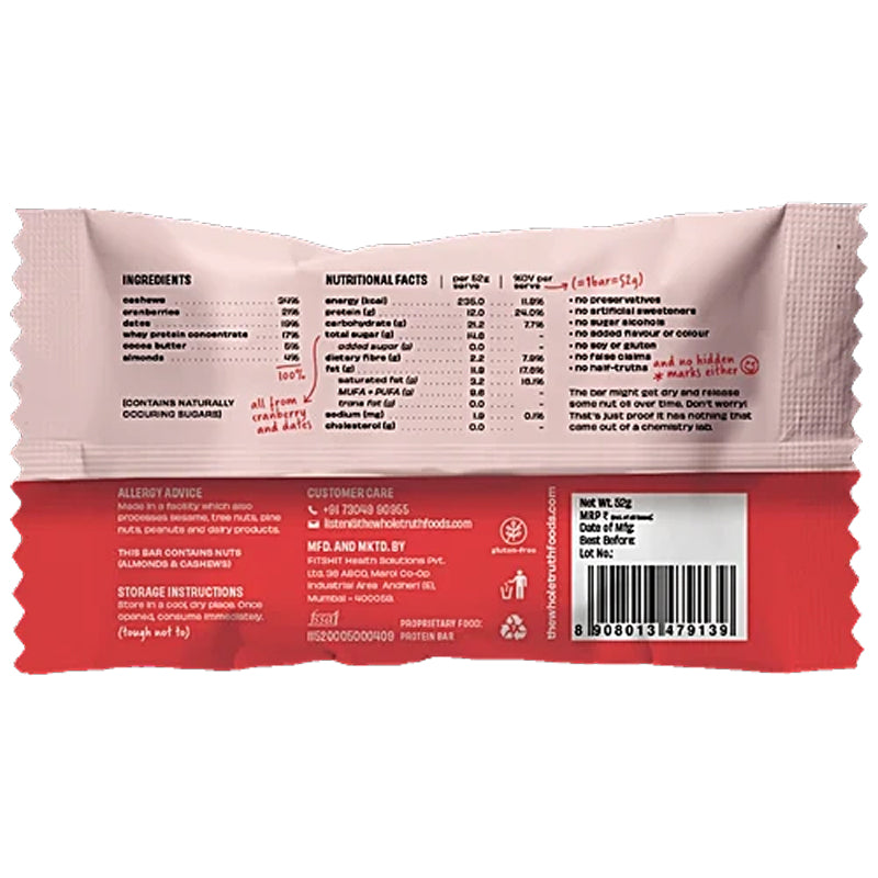 The Whole Truth Protein Bar – Cranberry (No Added Sugar, All Natural)