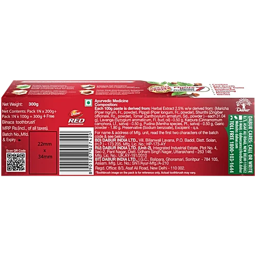 Dabur Red Ayurvedic Fluoride Free Toothpaste, 300 g (200 + 100 g)